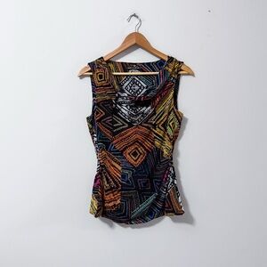VTG Y2K Cable & Gauge Patterned Retro Rouched Sleeveless Cowl Neck Tank Top